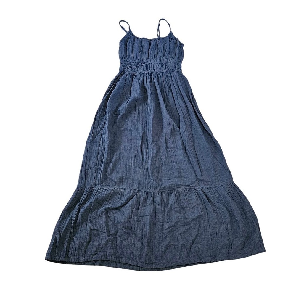 Pact Organic Cotton Gauze Maxi Dress Navy Blue Smocked Tiered Pockets Small
